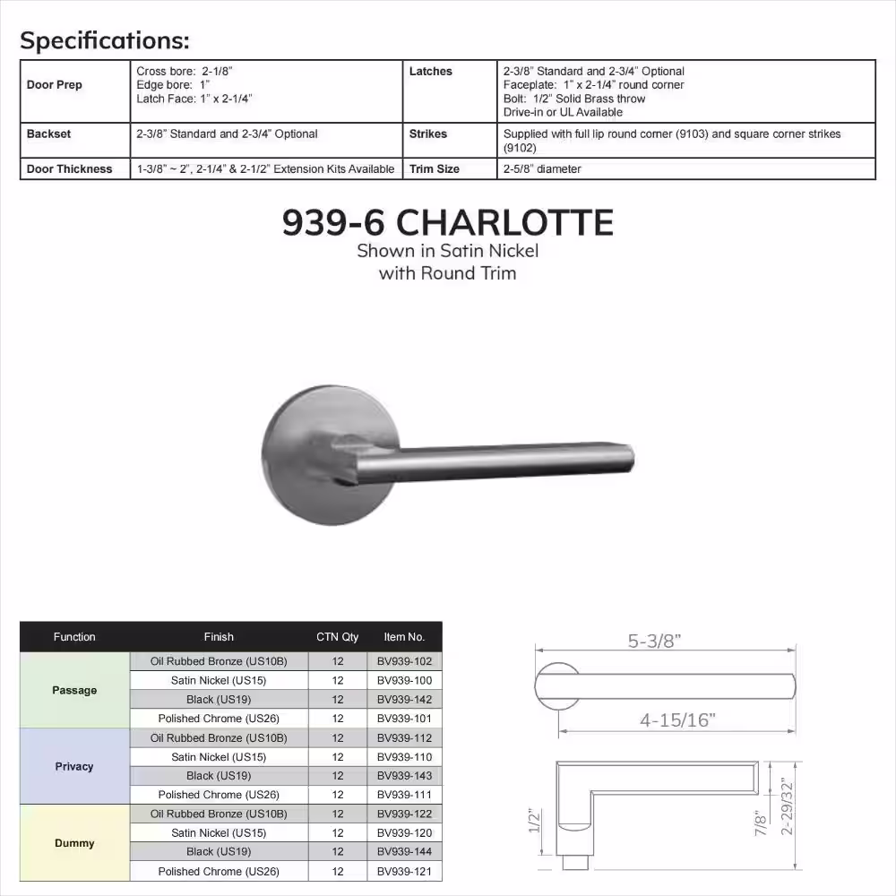 None Bravura Charlotte 939-6 Passage (Hall/Closet) Polished Chrome w/ round trim