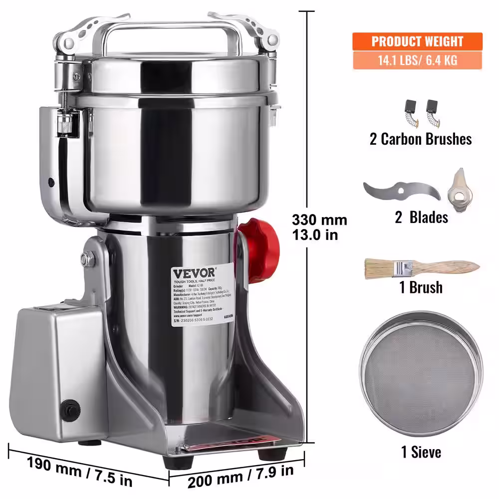 VEVOR Electric Grain Mill Grinder, Stainless Steel Silver 10.6 oz Blade 3750-Watts Commercial Coffee Grinder