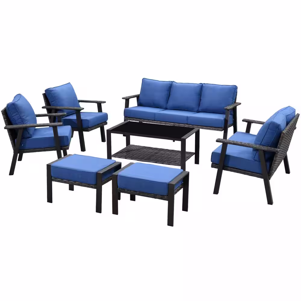 HOOOWOOO Walden Grey 7-Piece Wicker Metal Outdoor Patio Conversation Sofa Seating Set with Sky Blue Cushions