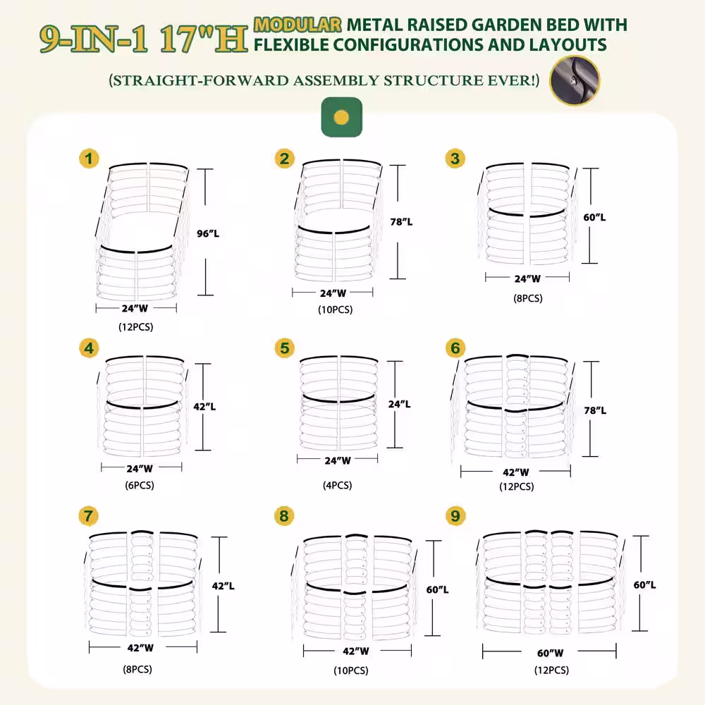 VEIKOUS 17 in. H x 8 ft. W x 2 ft. L 9-in-1 Modular Metal Raised Garden Bed Kit, Dark Gray