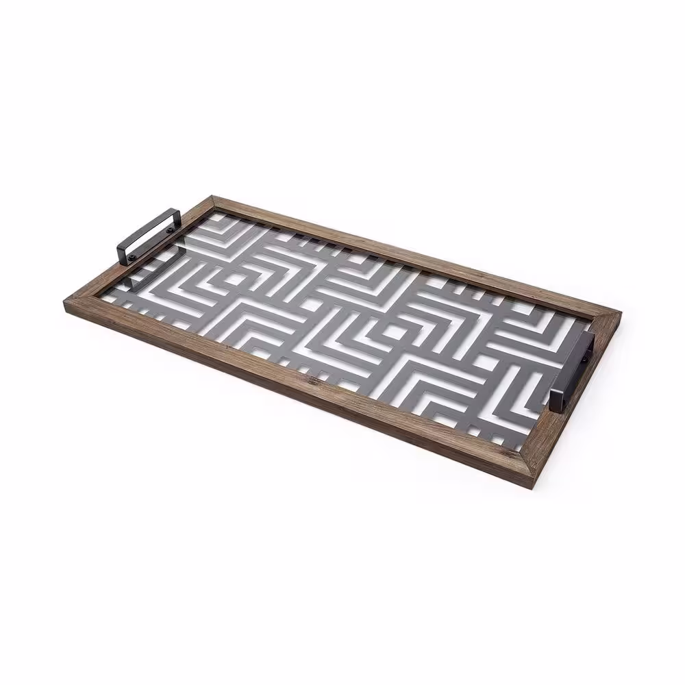Mercana Fantuz Black lron and Solid Wood with Glass Serving Tray