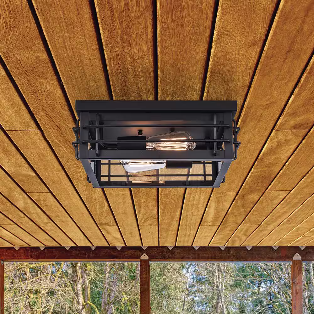 Monteaux Lighting Bel Air 2-Light Black Outdoor Flush Mount Ceiling Light Fixture with Clear Glass