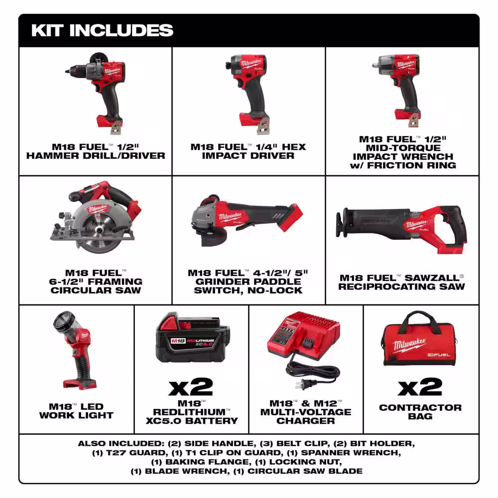 Milwaukee M18 FUEL 18V Lithium-Ion Brushless Cordless Combo Kit with (2) 5.0 Ah Batteries (7-Tool) & Cordless Blower