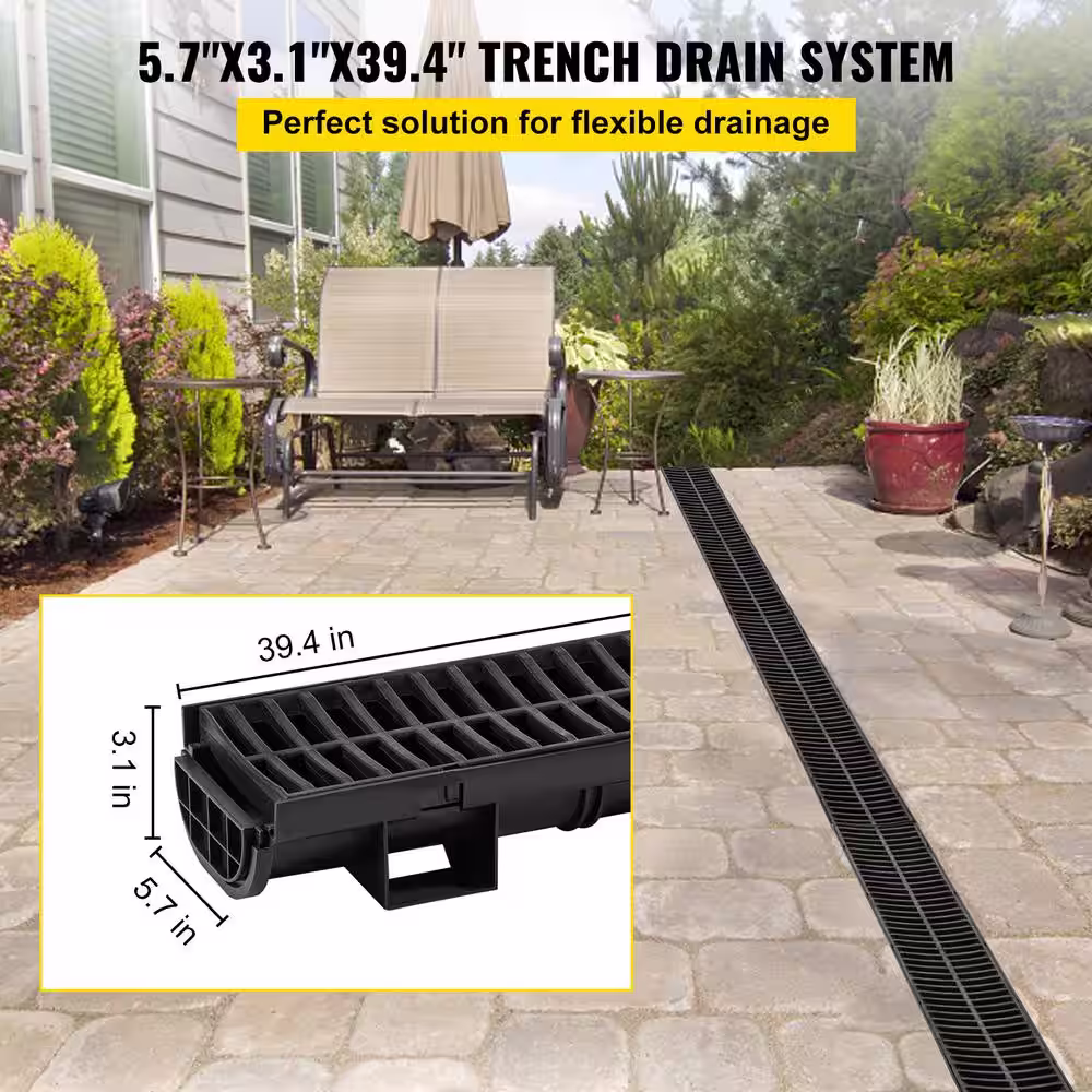 None Trench Drain System 5.7 x 3.1 x 39.4 in. Drainage Trench Channel Drain Black Plastic Garage Floor Drain, 3-Pack