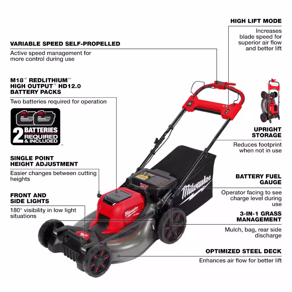 Milwaukee M18 FUEL Brushless Cordless 21 in. Walk Behind Dual Battery Self-Propelled Lawn Mower w/(2)12Ah Batteries & Mower Cover