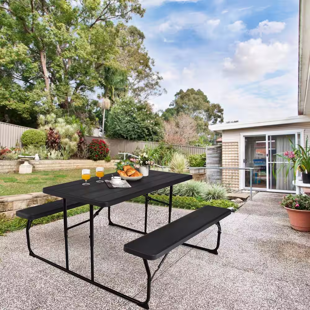 HONEY JOY Black Indoor & Outdoor Folding Picnic Table with Bench Seat Heavy-Duty Portable Camping Table Set