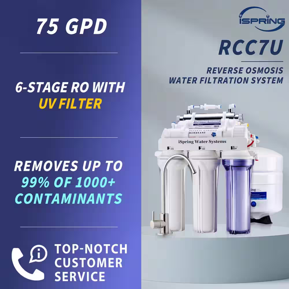 ISPRING RCC7U 6-Stage with UV Water Filter 75GPD Under Sink Reverse Osmosis Drinking Water Filtration System