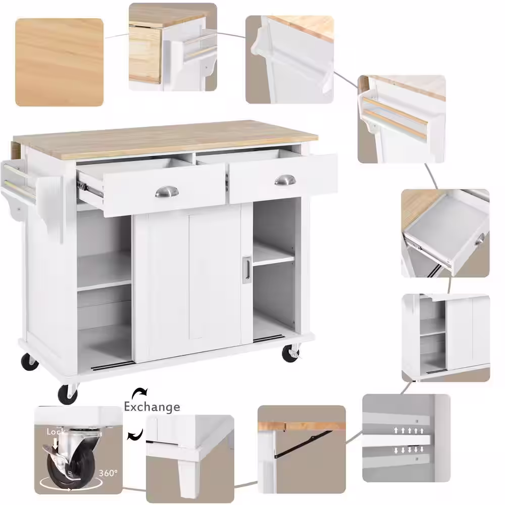 Runesay White Kitchen Island Rubber Wood Drop-Leaf Countertop Sliding Barn Door Adjustable Height on 4-Wheels and 2-Drawers
