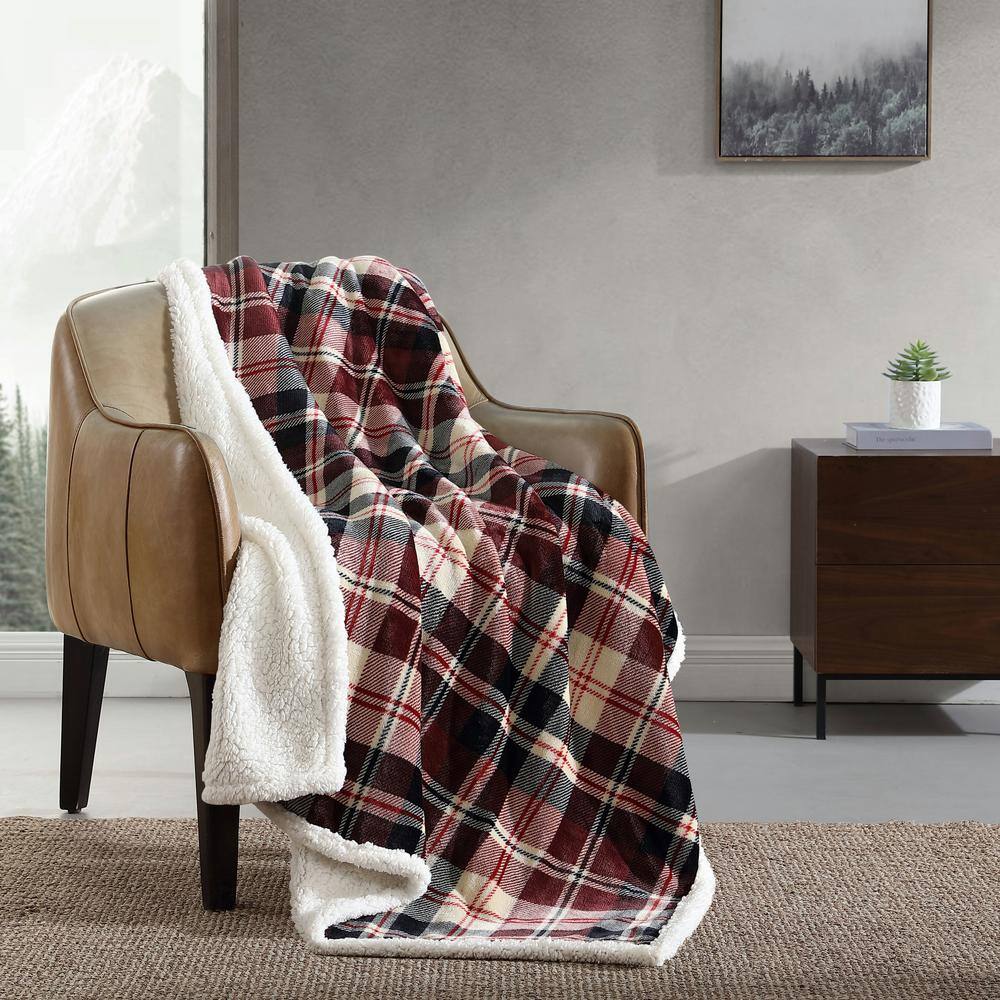 EDDIE BAUER Trailhead Plaid Ultra Soft Sherpa Red Microfiber Throw Blanket