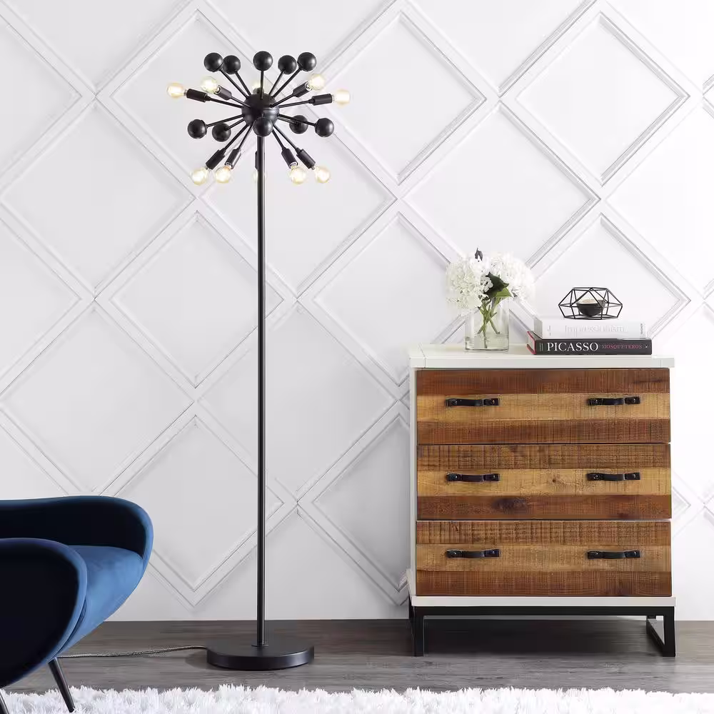 JONATHAN Y Orbit 10-Light 63 in. Black Modern Sputnik Metal LED Floor Lamp