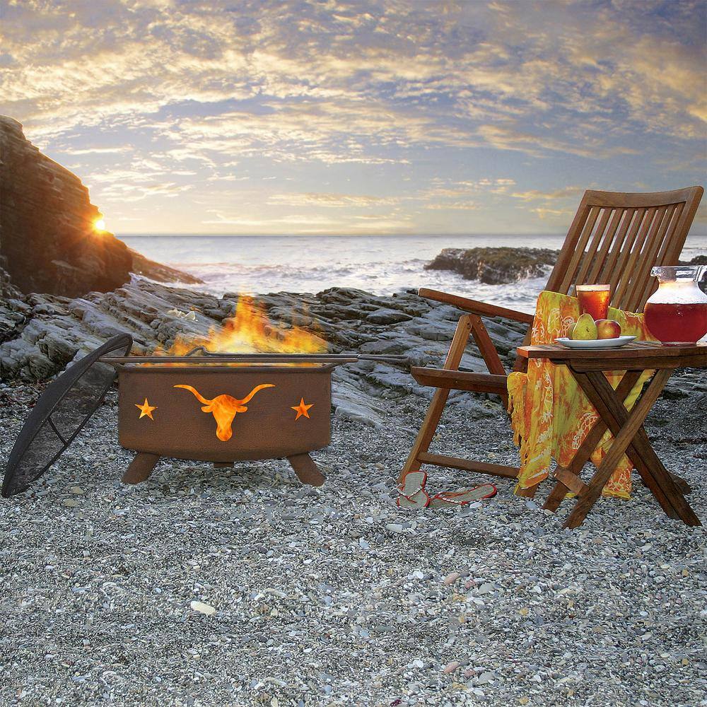 None Texas Longhorn 29 in. x 18 in. Round Steel Wood Burning Fire Pit in Rust with Grill Poker Spark Screen and Cover