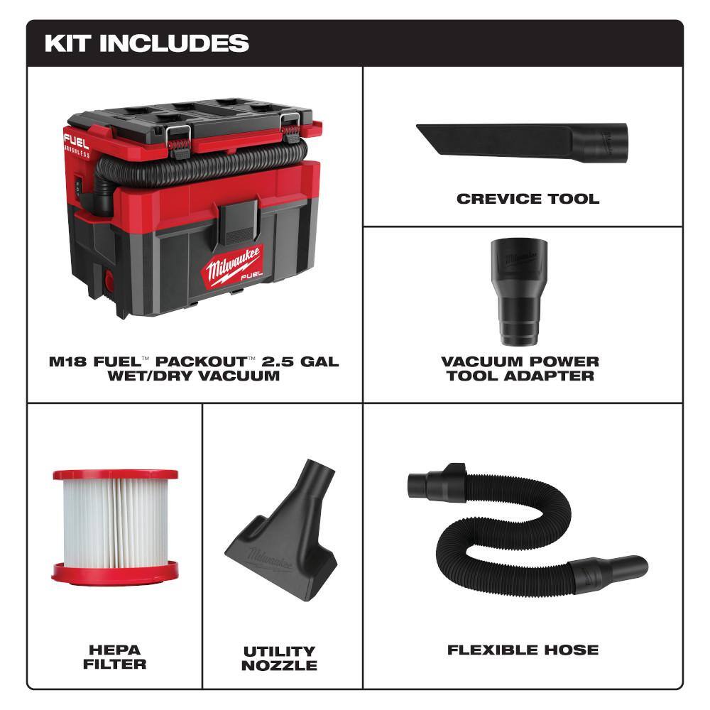 Milwaukee M18 FUEL PACKOUT 18-Volt Lithium-Ion Cordless 2.5 Gal. Wet/Dry Vacuum and M18 Compact Inverter with 6.0 Ah Battery