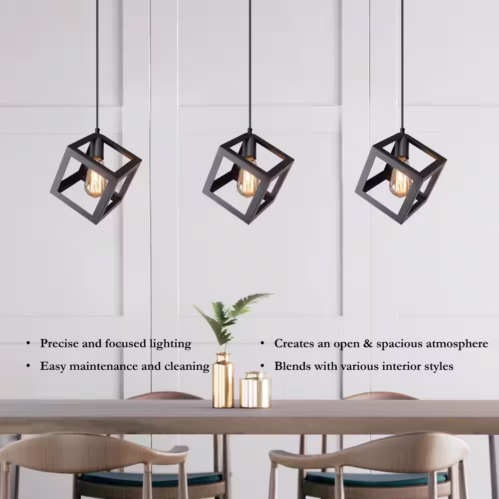 LNC Modern Black Square Pendant Light DIY 1-Light Industrial Kitchen Island Bedroom Hallway Cube Hanging Chandelier (1-Pack)