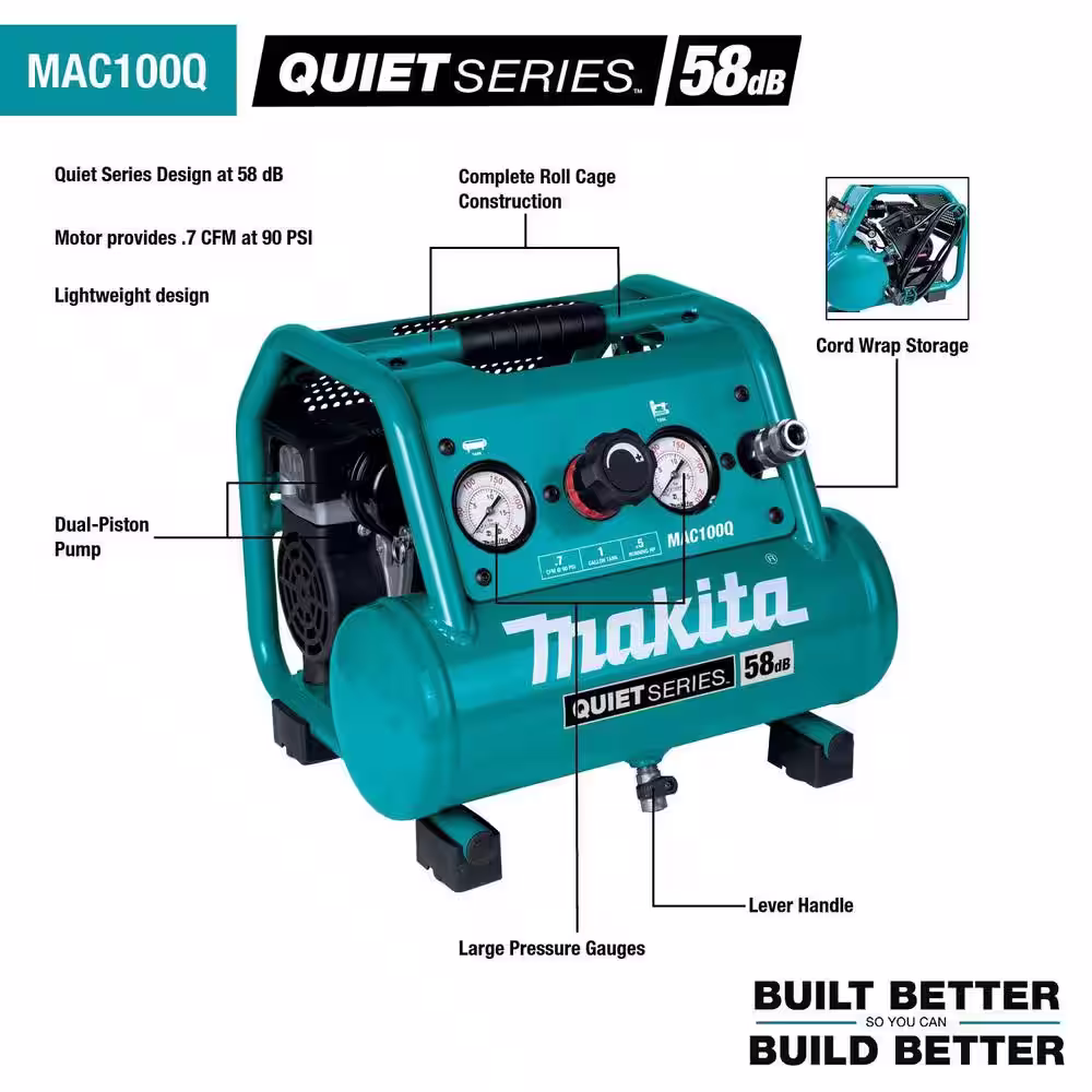 Makita Quiet Series 1 Gal. 1/2 HP Compact, Oil-Free, Electric Air Compressor w/ Bonus 15-Gauge, 2-1/2in. Angled Finish Nailer