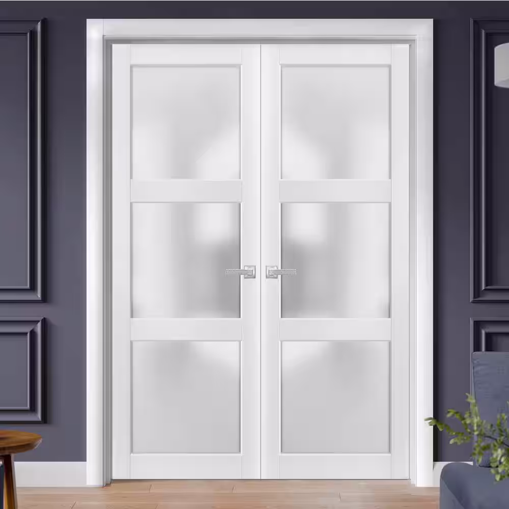 Sartodoors 2552 56 in. x 96 in. Universal Handling 3-Lite Frosted Glass Solid White Finished Pine Wood Interior Door Slab